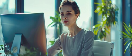 Poster - An attractive creative woman works at a computer in a modern office with short hair and a cosmic gray dress.