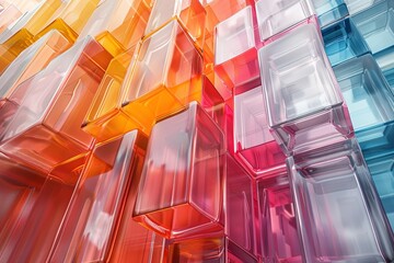 Poster - A striking composition of stacked glass cubes in a gradient of red, orange, and blue hues, suggesting structure and order