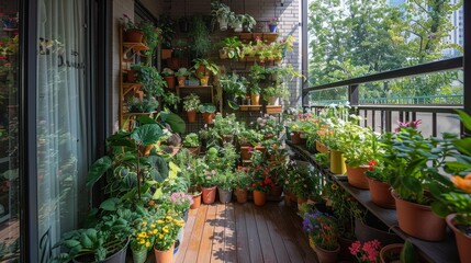 Poster - Many potted plants and flowers in various colors and sizes fill a balcony railing, creating a vibrant and lush display