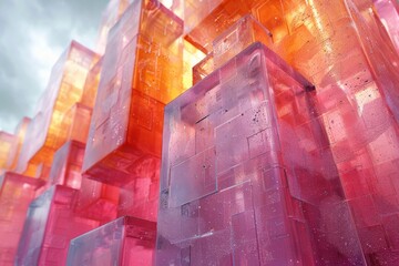 Poster - A vivid and futuristic image showcasing glowing geometric cubes in a dreamy cloudscape that invokes a sense of wonder and innovation