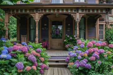 Poster - A house with a front porch adorned with blooming purple hydrangeas