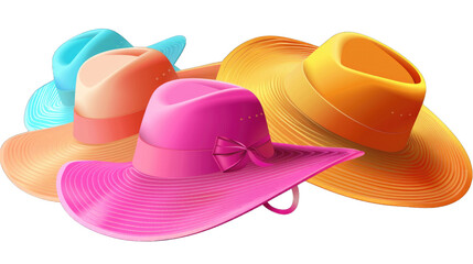 Three colorful summer hats in isolated on transparent background