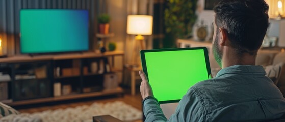 Poster - Man sitting at a desk watching a green mock-up screen of a digital tablet computer while watching videos or browsing the web. Cozy living room in the background.