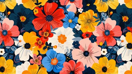 Poster - Vibrant flowers in various colors and shapes arranged in a pattern against a dark background