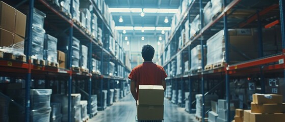 Poster - Boxes and parcels of the shelf are being searched for by a warehouse worker. He carries them on his cart.