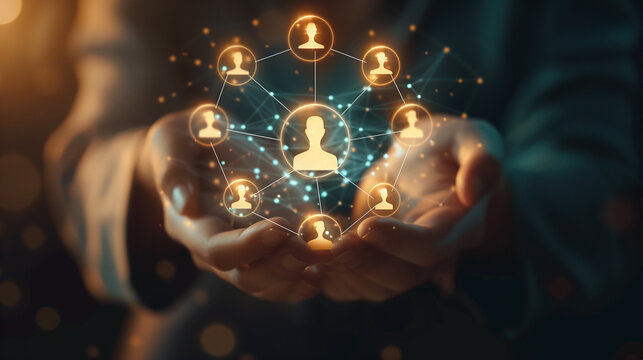 Social network connection concept in hand of businesswoman on dark background 3D rendering