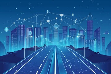 Smart city or IOT concept. Road leading to city landscape in blue color and global web with smart systems icons on background. Vector illustration. .