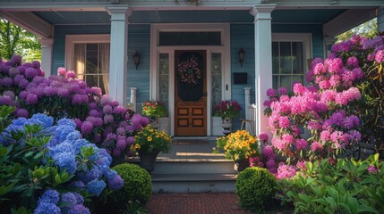Poster - Blue House With Flowers in Front