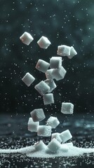 Poster - Falling sugar cubes with dark background, symbolizing sugar addiction and health risks