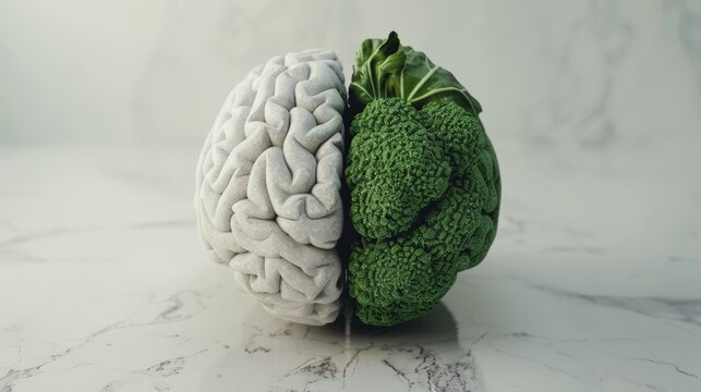 Half broccoli and stone brain on a white surface. Healthy mind and nutrition concept