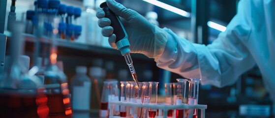 Poster - Close-up of a gloved hand using a micro pipette while working with test tubes. People working in an innovative pharmaceutical laboratory equipped with modern medical equipment.