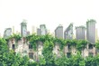 A captivating rooftop view of a city skyline engulfed by lush green vegetation and decaying buildings, creating a mesmerizing blend of urban decay and natural growth.