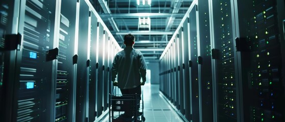 Poster - A modern data center shows an IT technician pushing a cart between rows of server racks. Hardware for new systems is on the cart. A maintenance engineer is doing maintenance and diagnostics.