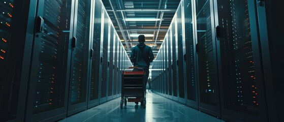 Poster - A modern data center: IT technician pushes a cart between rows of servers. New hardware is on a pushcart for system updates. Maintenance and diagnostic engineers work on the system.