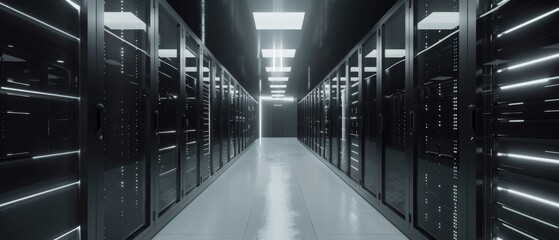 Poster - Modern data center with multiple rows of operational server racks. Modern high-tech database super computer room.