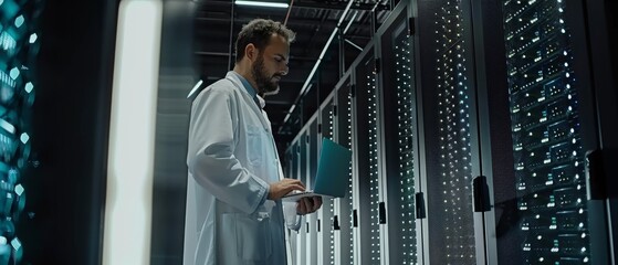 Poster - White-coated male IT specialist stands beside rack of servers, uses laptop computer to run maintenance diagnostics, checks database performance.