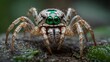  A magnificently intricate arachnid with emerald eyes with defocused background.