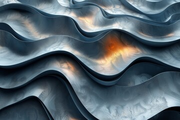 Poster - A graphic representation of smooth metallic waves undulating with a warm orange glow in the center