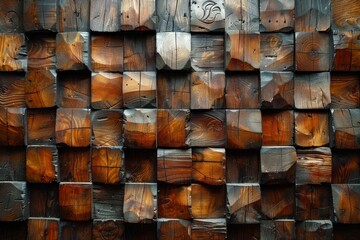 Poster - A detailed photograph showcasing the unique pattern and textured surface of cut wooden blocks arranged tightly