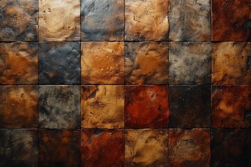 Poster - Aesthetic image of varicolored square tiles arranged in a grid on a wall, showcasing various earthy tones