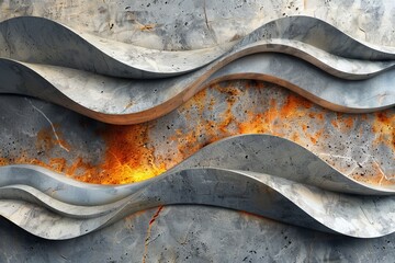 Poster - Captivating image of a wavy concrete wall with spots of rust, showing a play of durability and decay