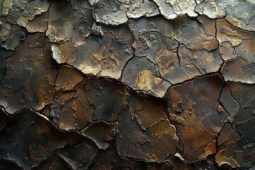Poster - Close-up of a surface showing a complex pattern of cracked paint, reminiscent of a dry and arid landscape