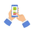 A hand is pointing at a cell phone screen with a dollar sign and a buy button