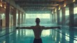 Silhouette of a man person at the swimming pool. The Man stand Under water surface at the swimming pool. Fantasy illustration, mental health concept. Water sports