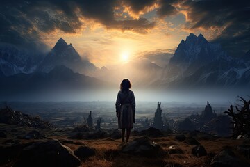 Wall Mural - Nature of Pakistan. Woman stands on a mountain top, looking out at the horizon. The sky is filled with clouds and the sun is setting, casting a warm glow over the landscape.