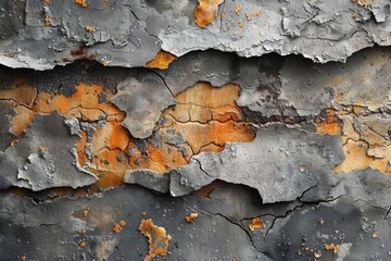 Poster - A textured background showing the beautiful contrast of orange paint peeling away from a weathered gray surface