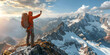 a man holding phone searching for signals on mountains , A mountaineer stands on a snowy mountain top holding phone