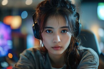 An intense young woman in a gaming chair wears a headset with microphone, lit by screen glow