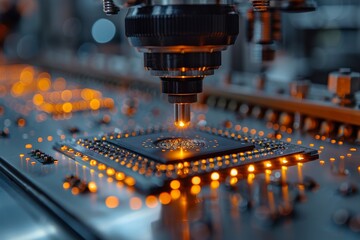 Poster - An extreme close-up of a precision machine soldering an intricate computer chip, highlighting technology and manufacturing