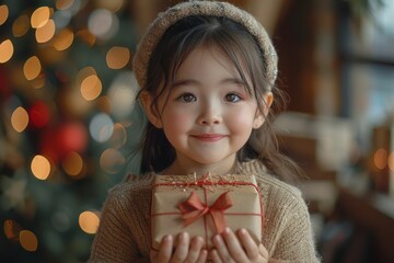 Wall Mural - An Asian girl smiles warmly while holding a Christmas gift, representing the happiness and magic of the holiday season