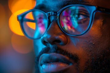 Poster - This image captures a blurred silhouette against radiant blue and orange lights, suggesting mystery and allure