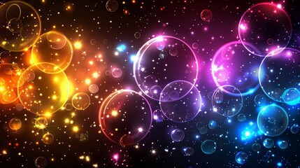 Poster - Vibrant bubbles of various sizes and colors floating on a solid black backdrop