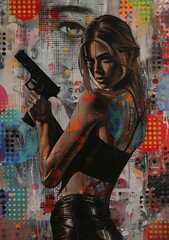 A beautiful woman holding a gun, with a colorful background.