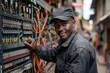 © earthstudiotomo - A close up of a smiling African electrical engineer in his 30s wearing a black cap and black coveralls while working on an electrical panel.
