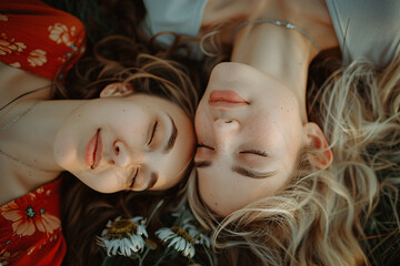 Two beautiful young women relaxing, lying on the lawn with their heads together close-up