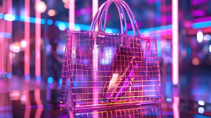 Wall Mural - a transparent mesh tote filled with neon accessories, capturing the essence of a vibrant nightlife scene.