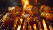 Juicy drumsticks being turned on the grill, caramelized skin glistening under the flames