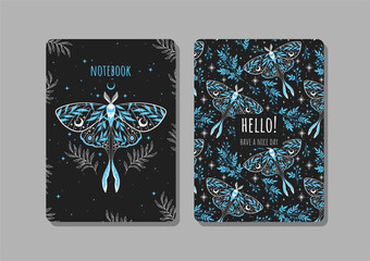 cover design with moth and plant pattern. hand drawn elements. invitation, greeting card, cover book