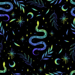 Wall Mural - Vector magic seamless pattern with snakes, leaves, moon and stars. Mystical esoteric background for design of fabric, packaging, astrology, phone case, wrapping paper.