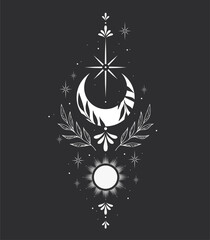 Wall Mural - Mystical drawing of the crescent, tarot cards, boho illustration, magic card. Vector hand drawing