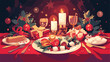 Festive table setting with red tablecloth candles m