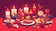 Festive table setting with red tablecloth candles m