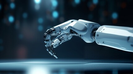 Poster - A close-up photo of a sleek, futuristic robot arm delicately handling a delicate object, showcasing its precision and advanced technology.