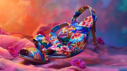 Wall Mural - A detailed view of strappy wedge heels in a vibrant floral print, showcasing the perfect blend of comfort and on-trend fashion. 