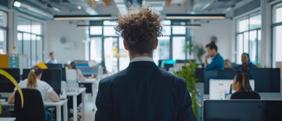 Poster - Young Manager walking past his colleagues and supervising their work. Diverse and motivated business people work on computers in modern open office.