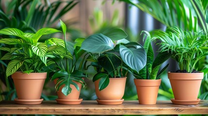 Poster - Row of Potted Plants on Wooden Table